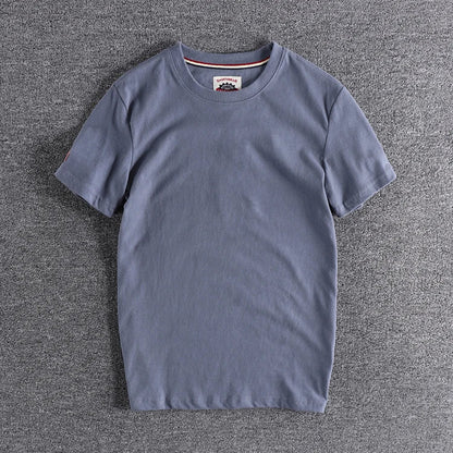 Summer New American Retro Short-sleeved O-neck Solid Color T-shirt Men's Fashion Simple 100% Cotton Washed Casual Sport Tops