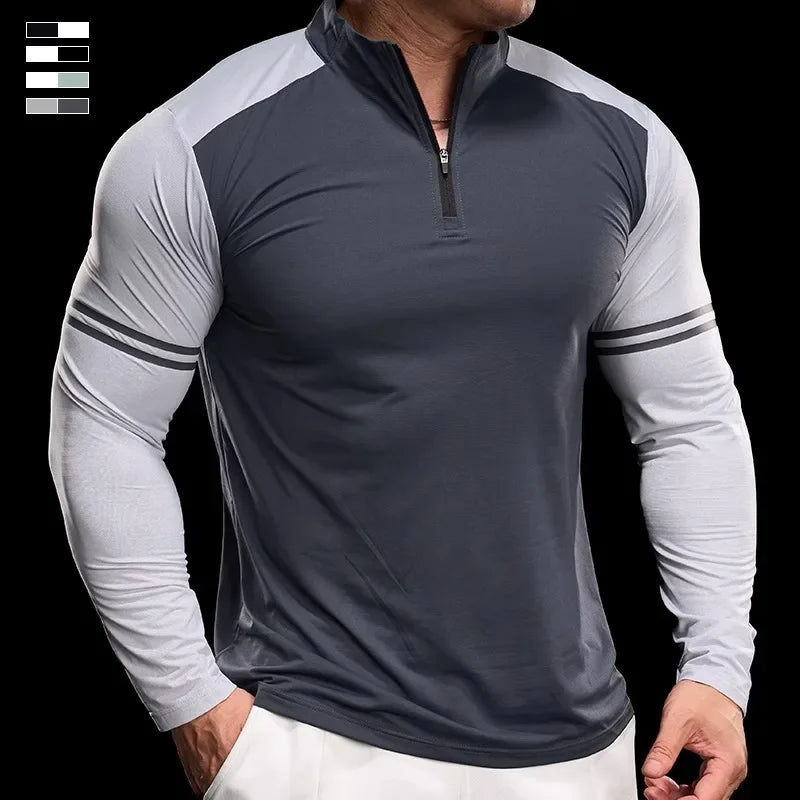 Men's Running Gym Fitness Tops Slim Fit Color-blocked Long-sleeved T-shirt Training Cycling Breathable Quid Quick-drying Clothes