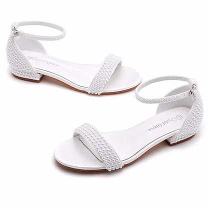 Summer new 2-cm square-heeled silk ribbon pearl rhinestone low-heeled wedding shoes beaded lace-up flat large-size women sandals
