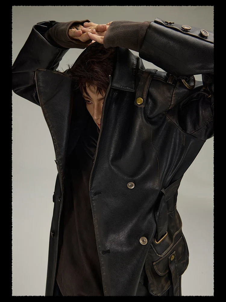 Spring Autumn Long  Distressed Black Pu Leather Trench Coat Men Belt Double Breasted Luxury European Fashion 2023