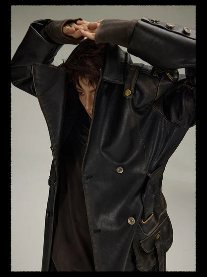 Spring Autumn Long  Distressed Black Pu Leather Trench Coat Men Belt Double Breasted Luxury European Fashion 2023