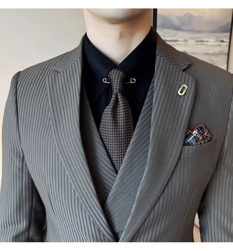 Luxury Stripe Men Suit Korean Version Fashion Elegant Slim Fit Tuxedo Formal Groom Wedding Social Suits