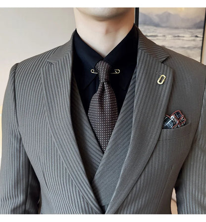 Luxury Stripe Men Suit Korean Version Fashion Elegant Slim Fit Tuxedo Formal Groom Wedding Social Suits