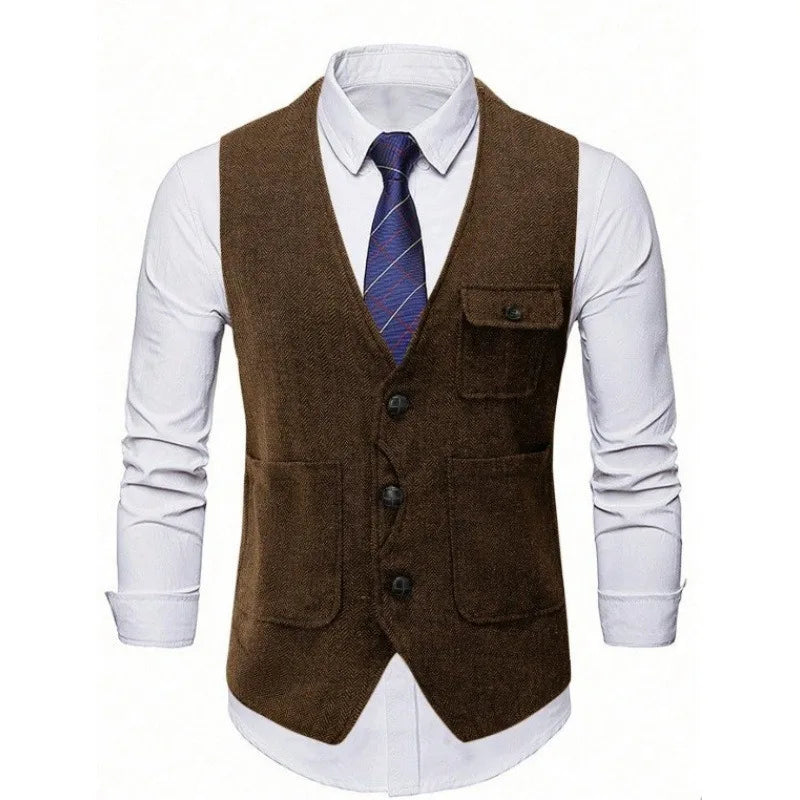 Suit Vest Man Vintage Single-breasted Pocket Male Waistcoat Slim V-neck Sleeveless Business Casual Versatile Men Vest
