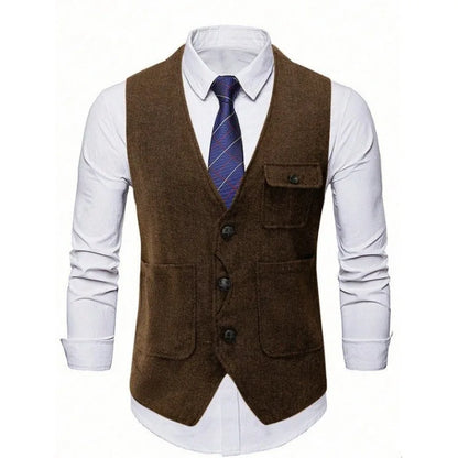 Suit Vest Man Vintage Single-breasted Pocket Male Waistcoat Slim V-neck Sleeveless Business Casual Versatile Men Vest