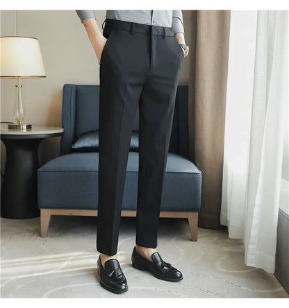 Autumn Mens Fashion Embroidered Trousers Korean Business Dress Solid Suit Pant Formal Office Social Slim Fit Casual Suit Pants