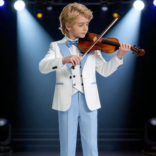 New Jacquard Sky Blue Suit Set 4 Pieces For Kids Birthday Party Boys Slim Fit Tuxedo Wedding Ring Bearer Outfit Handsome Suits