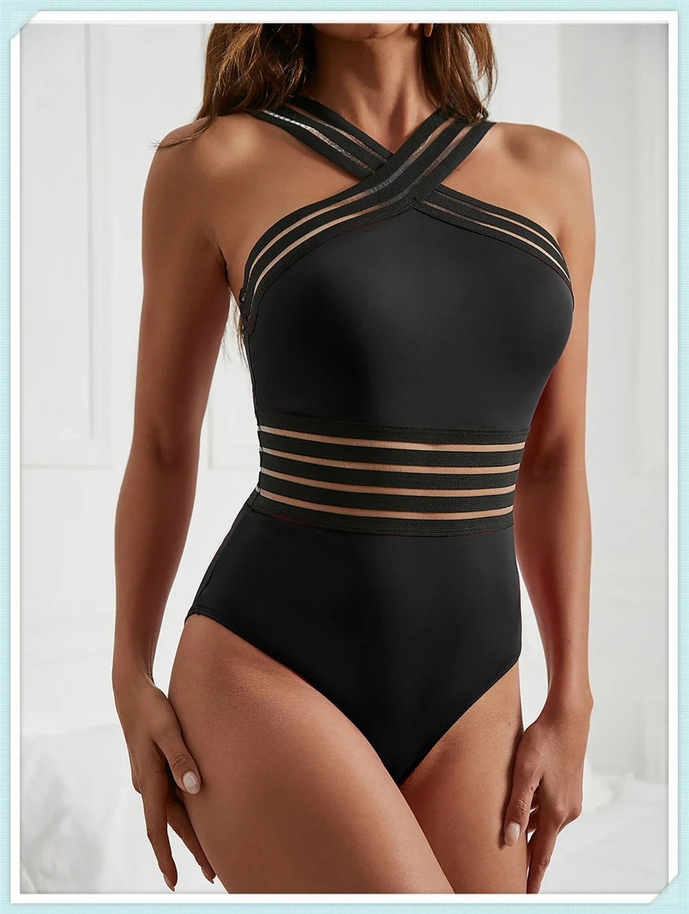 Solid Mesh Tape Swimsuit 2026 One Piece Sexy High Neck Swimwear Women Cross Front Bathing Suit Female Padded Beachwear Bodysuit