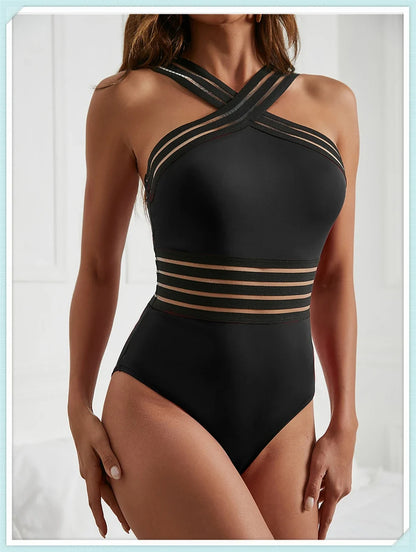 Solid Mesh Tape Swimsuit 2026 One Piece Sexy High Neck Swimwear Women Cross Front Bathing Suit Female Padded Beachwear Bodysuit