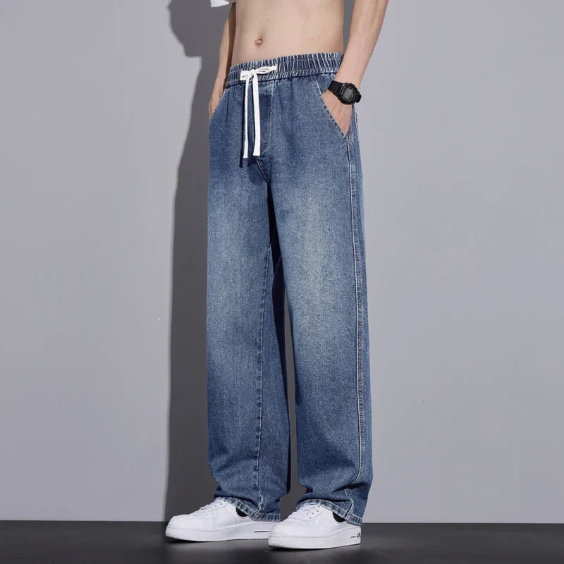 Men's Clothing Wide-leg Pants Baggy Jeans Streetwear Straight Fashion Denim Trousers Y2k Vintage Washed Elastic Waist Man Pants