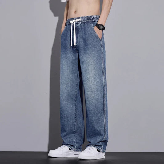 Men's Clothing Wide-leg Pants Baggy Jeans Streetwear Straight Fashion Denim Trousers Y2k Vintage Washed Elastic Waist Man Pants