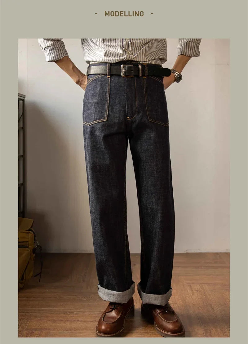 Denim Railroad Pants High Waist Rugged Style Selvage Jeans Back Buckle