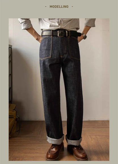 Denim Railroad Pants High Waist Rugged Style Selvage Jeans Back Buckle