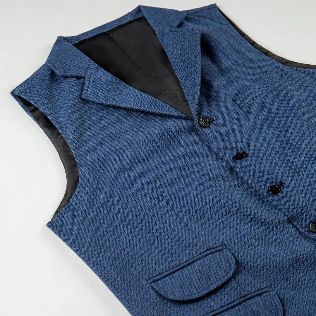 Men Vest Blue Herringbone Single Button With Lapel Waistcoat For Wedding Birthday Banquet Party Business Work Men Suit Vest