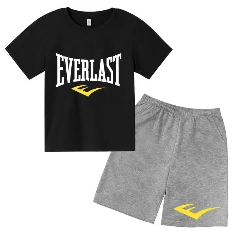 Kids Summer Leisure Simple Letter Print 2pcs O-neck Tees+Shorts Pants Sportsuits 2-13 Years Boys Girls Streetwear Children Sets