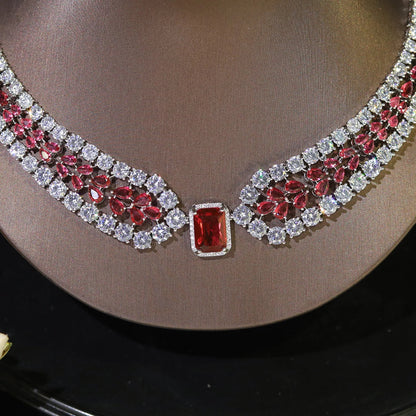Fashion Wedding Jewelry Sets Shiny Red and white inlaid CZ Crystal Necklace and Earrings 2PCS Bridal Dress Party Accessories