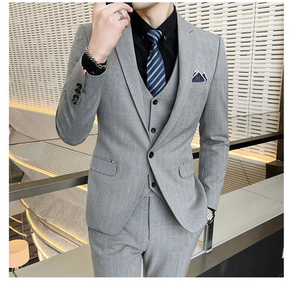 Winter Stripes Three-piece High-Grade Groom Wedding Suit with Vest And Trousers Business Fashion Handsome Casual Wedding Outfit