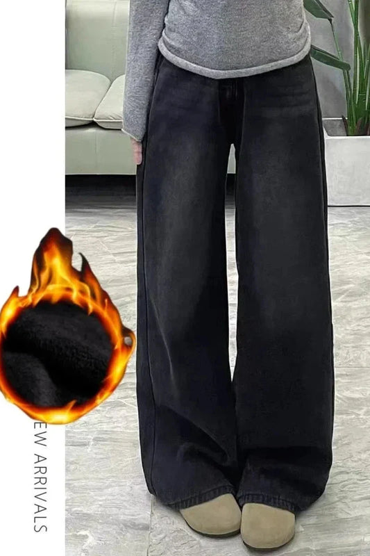 Womens Jeans Y2k Jeans Flared Trousers Black Gray Straight Leg Winter Warm Fleece Lined Loose Fit High Waist Wide Leg Fashion