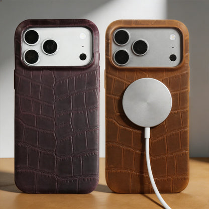 Magsafe Case For iphone 16 15 17 Pro Max Air 17e 16e 14 Plus 13 12 Mini 11 Crazy Horse Crocodile Genuine Leather Back Cover