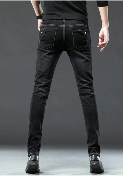 Men's Vintage Jeans Designer Korean Fashion Snowflake Wash Stretch Straight Pencil Pants Classic Slim Male Denim Trousers