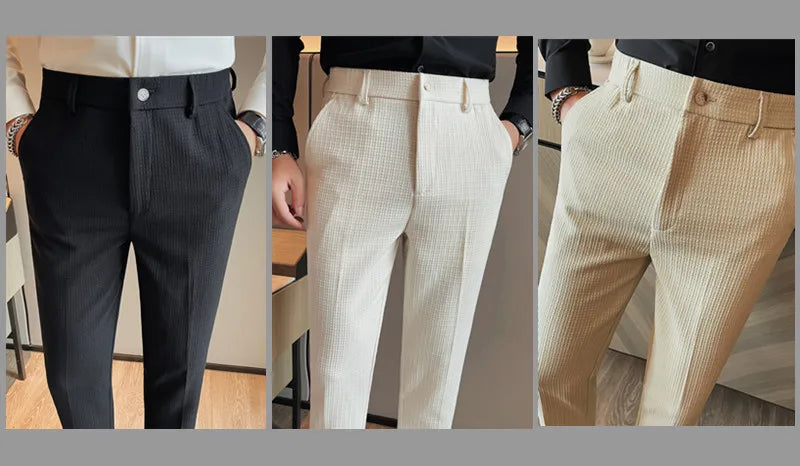 Men's Waffle Casual Pants Fashion Korean Stretch Waist Business Formal Pants Mens Social Party Suit Pants Streetwear Pencil Pant
