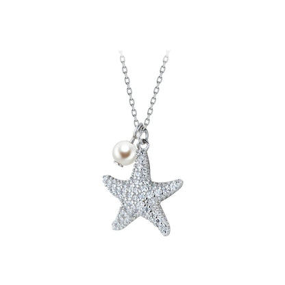 Marine Life Adjustable Necklace for Women Shiny Zircon Starfish Pearl Sterling Silver 925 Pendant Necklace Fine Jewelry