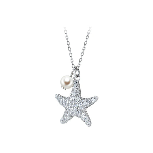 Marine Life Adjustable Necklace for Women Shiny Zircon Starfish Pearl Sterling Silver 925 Pendant Necklace Fine Jewelry