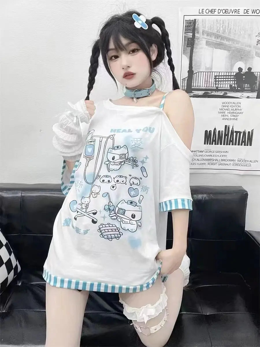 Japanese Harajuku Sweet Graphic T Shirts Women Cat Print Summer Off shoulder Top Short-sleeve Oversize Tees Loose Casual T shirt