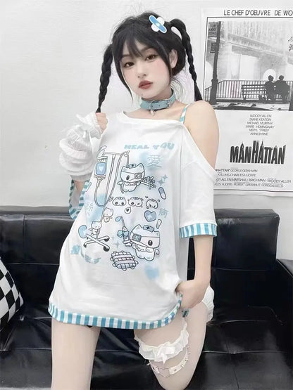 Japanese Harajuku Sweet Graphic T Shirts Women Cat Print Summer Off shoulder Top Short-sleeve Oversize Tees Loose Casual T shirt