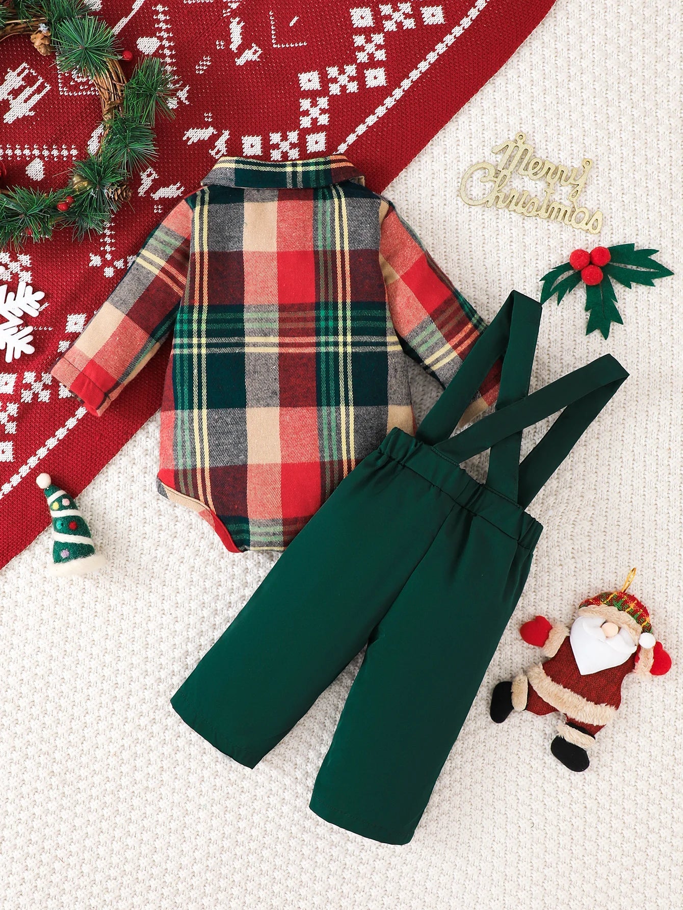3PCS，Baby Christmas set: Plaid long sleeve Jumpsuit with detachable bow tie+Santa decorative Suspenders，Casual comfort.