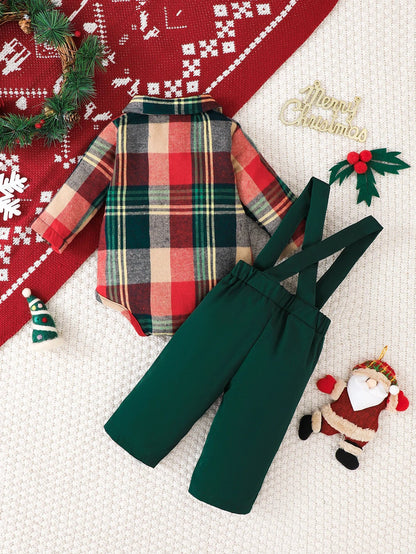 3PCS，Baby Christmas set: Plaid long sleeve Jumpsuit with detachable bow tie+Santa decorative Suspenders，Casual comfort.