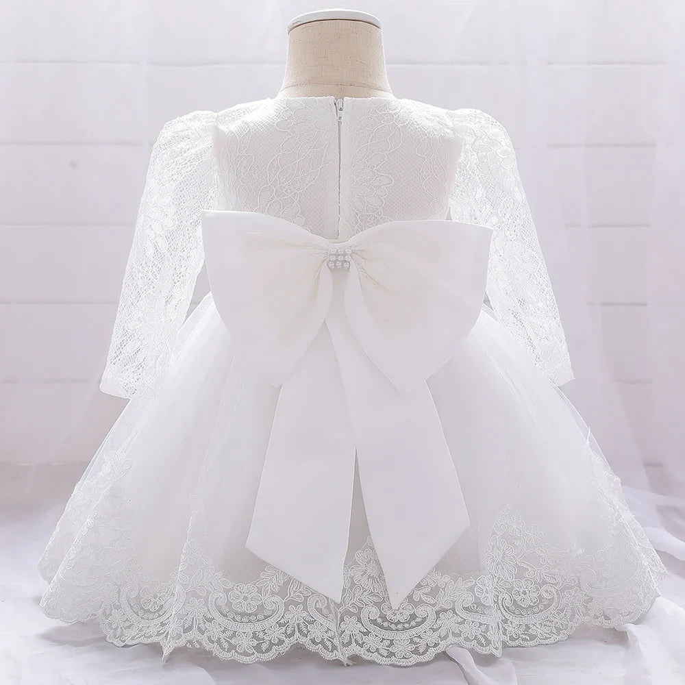Long Sleeve Baby Girls Dress Newborn White Baptism Tulle Party Wedding 1st Birthday Princess Dresses Infant Girls Bow Prom Gown