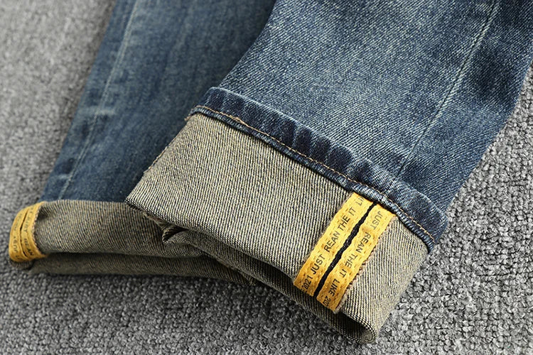 Embroidery embellished white to do old American vintage jeans men slim small straight leg fashion all-match youth pants