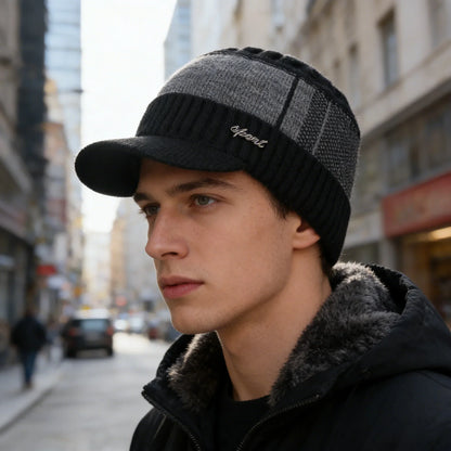 New Unisex Warm Winter Hat With Brim Add Fur Lined Beanie Hat Sports Label Thicken Winter Hats For Men Women Knitted Hat