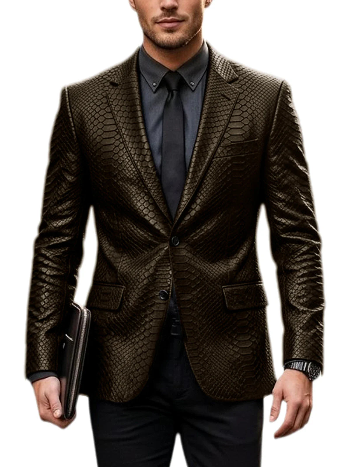 Men's Luxury Crocodile Pattern Leather Blazer Slim Fit Two Button Notch Lapel Suit Jacket Business Casual Wedding Tuxedo Dress