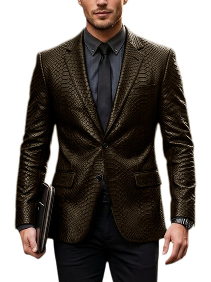 Men's Luxury Crocodile Pattern Leather Blazer Slim Fit Two Button Notch Lapel Suit Jacket Business Casual Wedding Tuxedo Dress