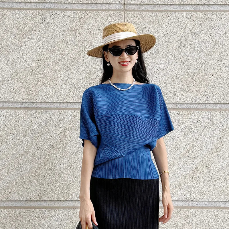 Vibrant Cyan Blue Miyake Pleated Asymmetric Short Sleeve Top, Irregular Hem Women's Casual All Match Modern Stylish Blouse