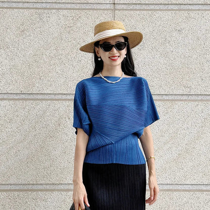 Vibrant Cyan Blue Miyake Pleated Asymmetric Short Sleeve Top, Irregular Hem Women's Casual All Match Modern Stylish Blouse