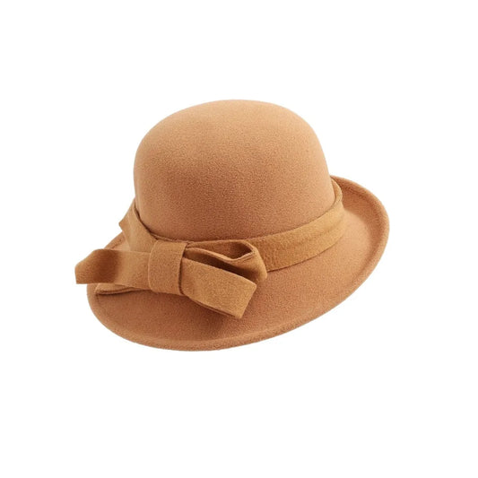 Vintage Style Wool Felt Bucket Hat Classic Design Elegant Shape Vintage Cloche Fedora Cap with Bow Decoration Female Bowler Hat