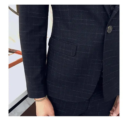 Blue Men Classic Striped/Checked Suits, Asian Size Slim Fit Business Office 3-Piece Sets, Black/Gray and Red Available.