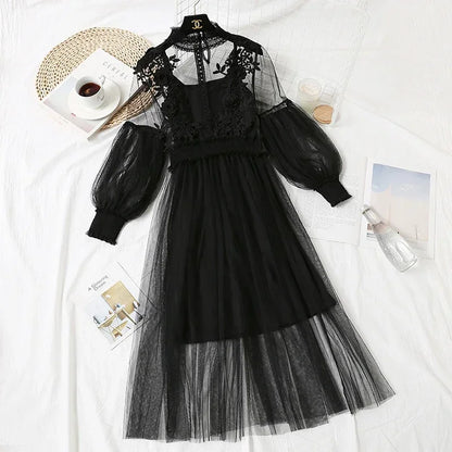 Lace Flower Mesh Summer Dress Women Lantern Sleeve White Casual Dresses Female Party Vintage Slim Women Dress 2 Piece Sets 12041