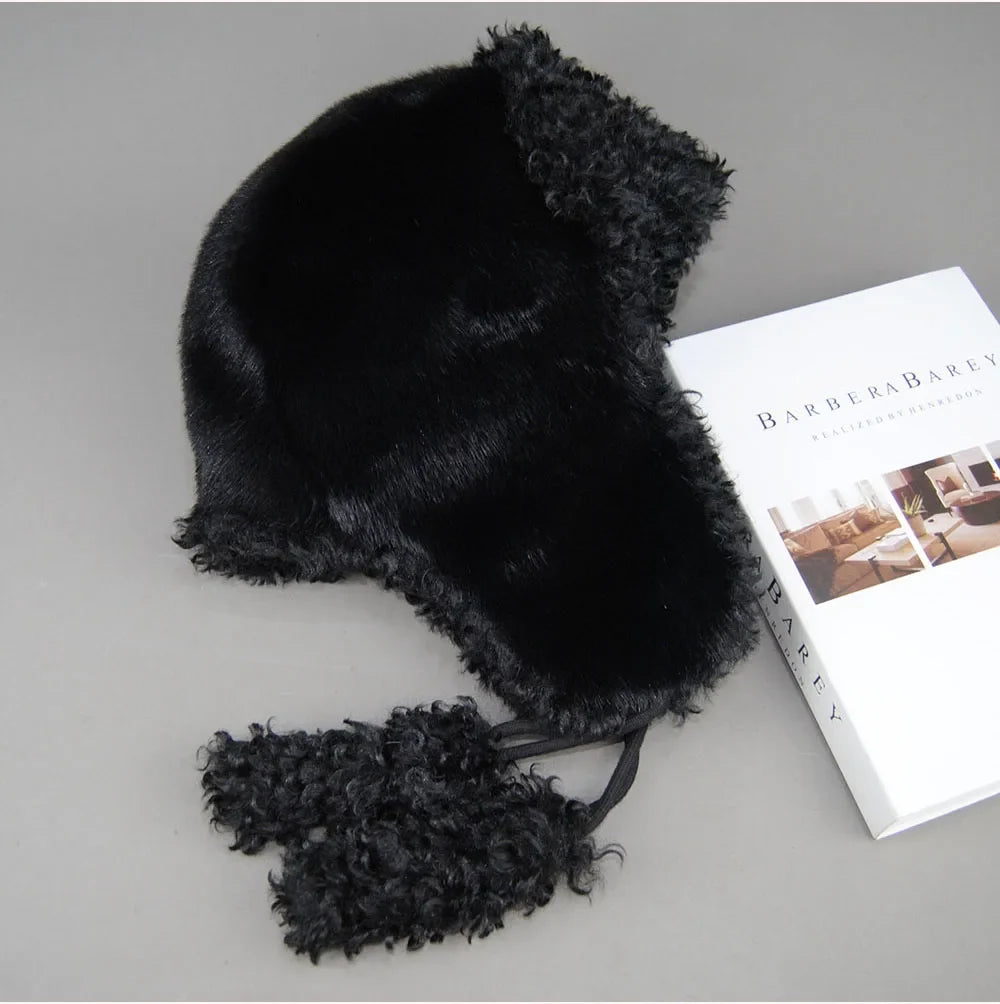 Real Fur Wool Hat Unisex New Winter Warm Bomber Russian Ushanka Hats With Ear Flaps Cow Leather Thick Snow Earflaps Baseball Cap