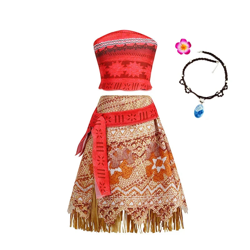 Moana Dress for Kids Girls Princess Vaiana Cosplay Carnival Children Birthday Party Headwear Necklace Pet Pig Chicken Set