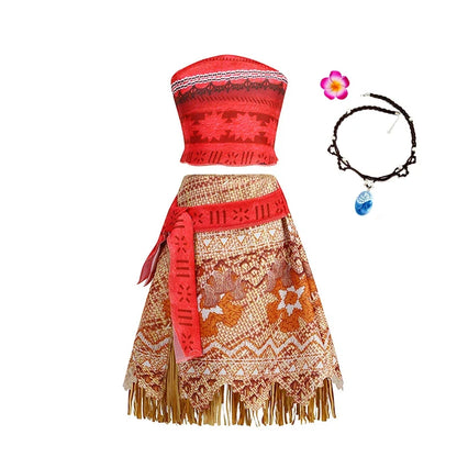 Moana Dress for Kids Girls Princess Vaiana Cosplay Carnival Children Birthday Party Headwear Necklace Pet Pig Chicken Set