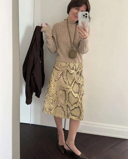 Snakeskin Printed Fashion Skirt Women's High Waist Slim Contrast Patchwork Commute Streetwear Female Vintage Y2k Skirt DDX8