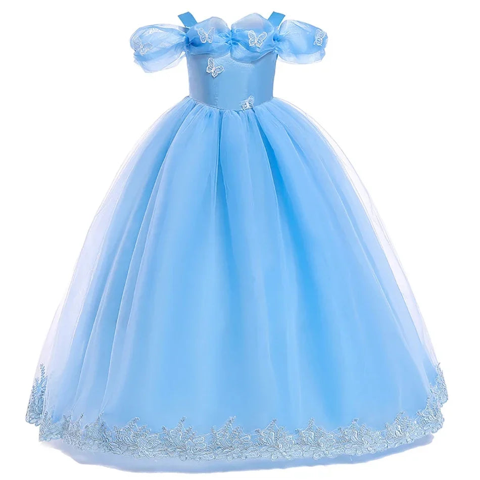 Girls New Year Blue Long Dress for Kids Christmas Birthday Party Dresses Butterfly Cinderella Cosplay Costumes Chidren Outfits