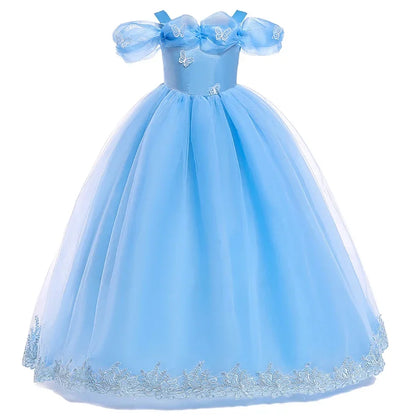 Girls New Year Blue Long Dress for Kids Christmas Birthday Party Dresses Butterfly Cinderella Cosplay Costumes Chidren Outfits