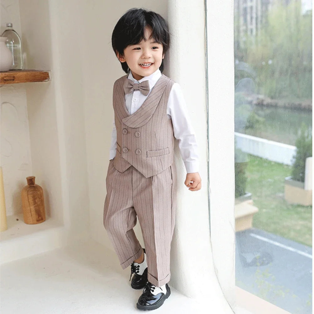 Children's Khaki Striped Suits 3 Pieces Vest Pants Bow-tie Kids Back-to-school Suit Set Wedding Birthday Party Outfit For Boys