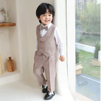 Children's Khaki Striped Suits 3 Pieces Vest Pants Bow-tie Kids Back-to-school Suit Set Wedding Birthday Party Outfit For Boys
