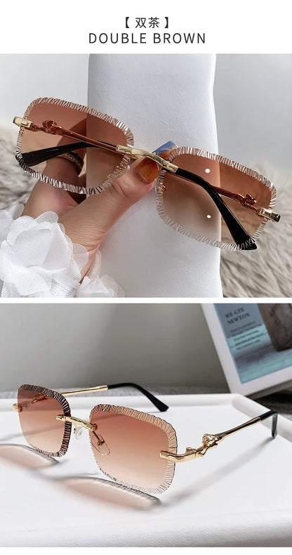 2025 European and American Fashion New Frameless Sunglasses Women Men Ins Square Eopard Head Metal Sun Glasses Ladies UV400